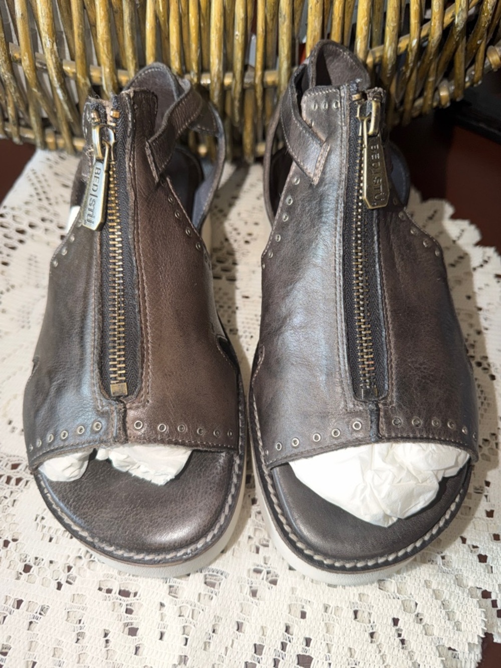 Bed Stu Brown Leather Zip Front Sandals